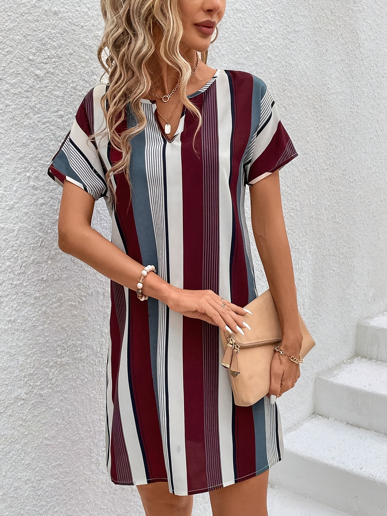 striped print notched neck dress casual short sleeve dress for spring summer womens clothing details 3