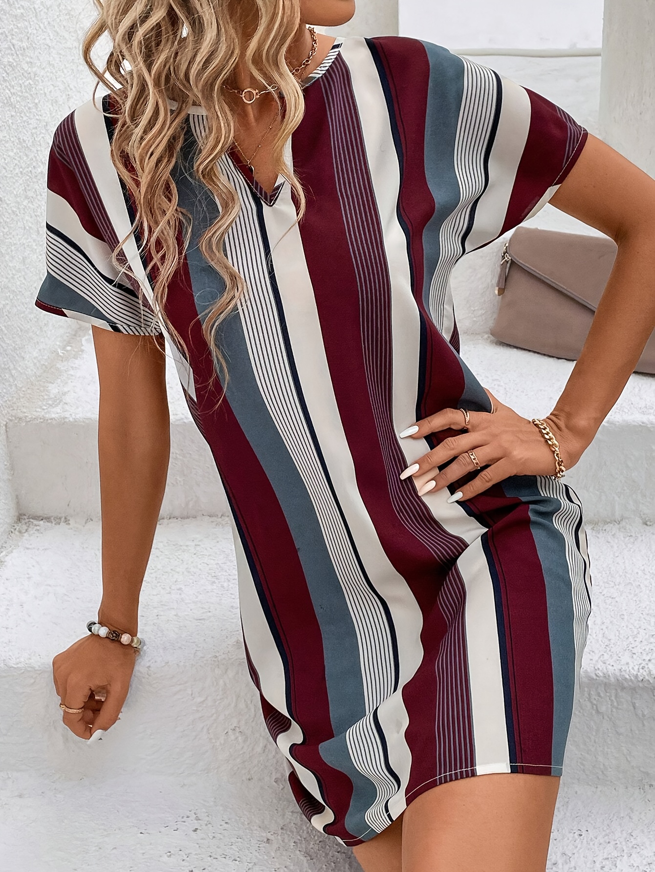 striped print notched neck dress casual short sleeve dress for spring summer womens clothing details 4